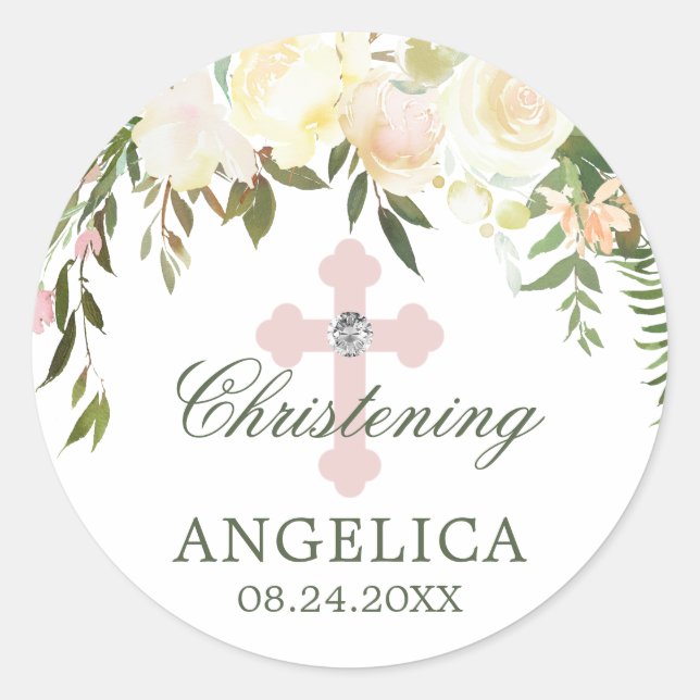 Aquarell Blumenrosa Ivory Taufe Christening Runder Aufkleber (Vorderseite)