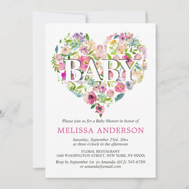 Aquarell Blumenrosa Rosa Herz Babydusche Einladung (Vorderseite)