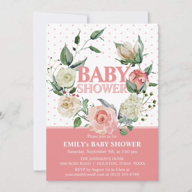 Aquarell Blumenrosa Rose Girl Babydusche Einladung (Vorderseite)