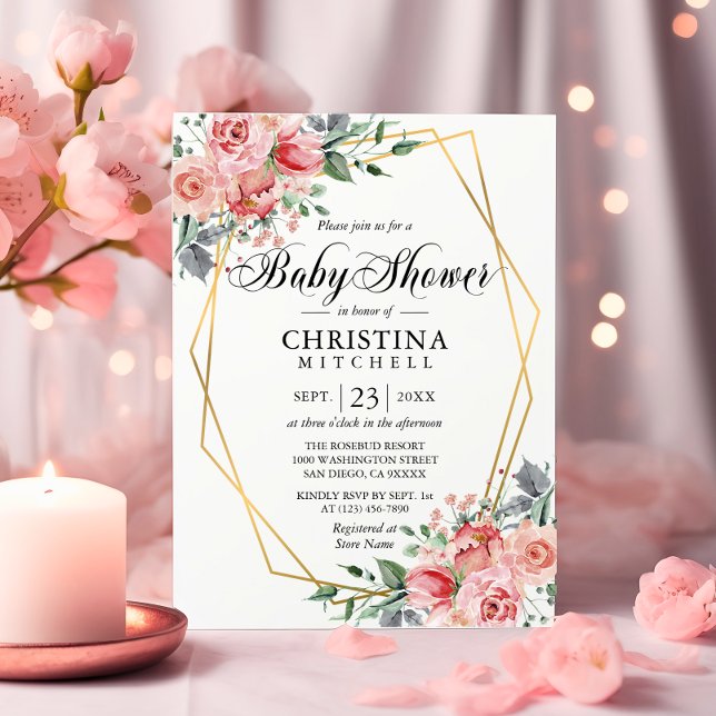 Aquarell Blumenrosa Rose Kinderdusche Einladung (Watercolor Floral Pink Dusty Rose Baby Shower Invitation)