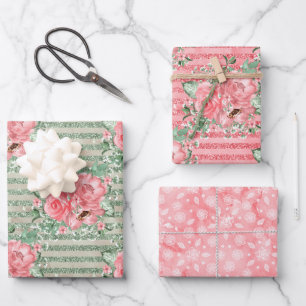 Aquarell-Blumenrosa Rosen & Glitterstreifen Geschenkpapier Set