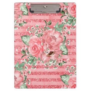 Aquarell-Blumenrosa Rosen & Glitterstreifen Klemmbrett