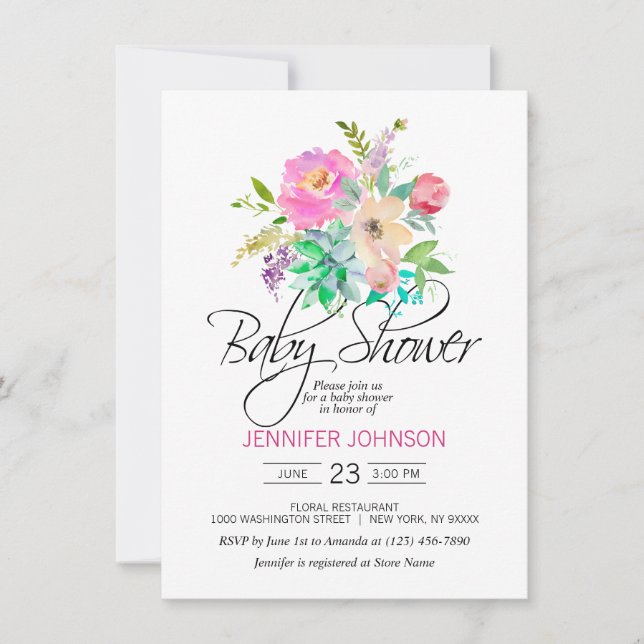 Aquarell Blumenrosa Succulents Babydusche Einladung (Vorderseite)