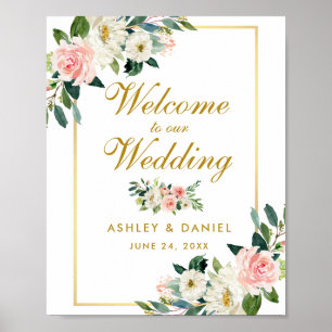 Aquarell-Blumenrosa-Willkommensgruß zur Goldenen H Poster