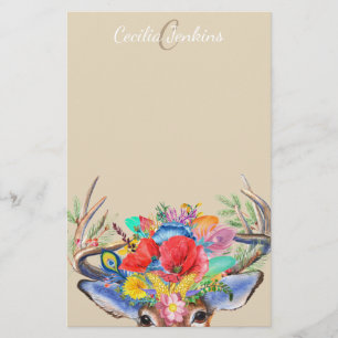 Aquarell-Blumenrotwild-Geweihe u. Name Briefpapier