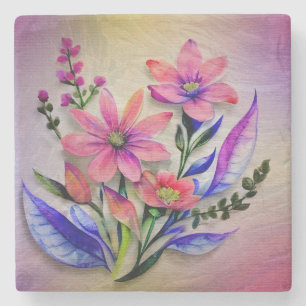 Aquarell-Blumenstrauß, farbenfroher Hintergrund    Steinuntersetzer
