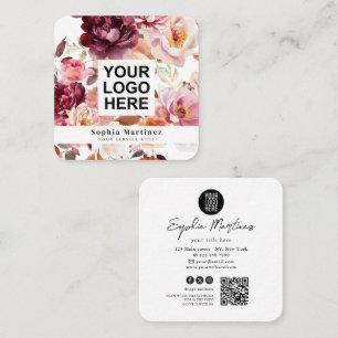 Aquarell-Blumenstrauß Floral Burgund & QR-Code-Log Quadratische Visitenkarte