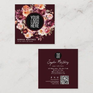 Aquarell-Blumenstrauß Floral Burgund & QR-Code-Log Quadratische Visitenkarte