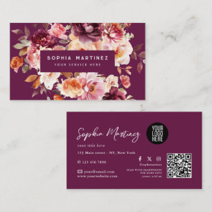 Aquarell-Blumenstrauß Floral Burgund & QR-Code-Log Visitenkarte