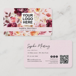 Aquarell-Blumenstrauß Floral Burgund & QR-Code-Log Visitenkarte