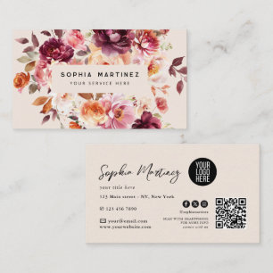 Aquarell-Blumenstrauß Floral Burgund & QR-Code-Log Visitenkarte