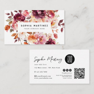 Aquarell-Blumenstrauß Floral Burgunderrot & QR-Cod Visitenkarte