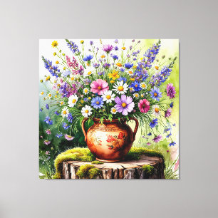 Aquarell-Blumenstrauß wilder Blumen in einer Vase Leinwanddruck