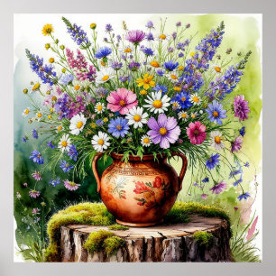 Aquarell-Blumenstrauß wilder Blumen in einer Vase Poster