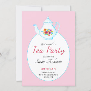 Aquarell-Blumentee-Teekanne Rosa-Teeparty-Einladun Einladung
