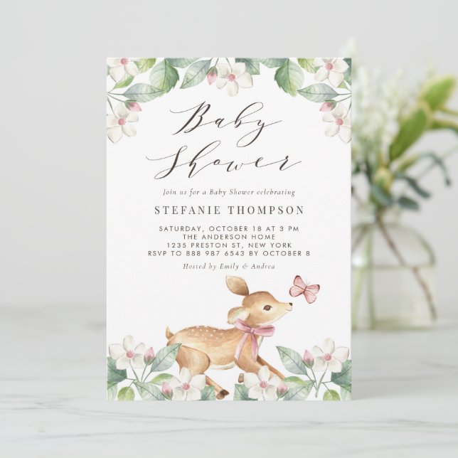 Aquarell Blumenwald Baby Deer Baby Dusche Einladung (Stehend Vorderseite)