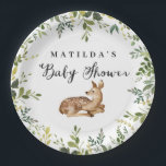 Aquarell Blumenwald Babydusche Party Pappteller<br><div class="desc">Aquarellblüten,  Blattwerk und Hirschwald Babydusche Party Papier Teller. Blume von Laub und Waldwild Schöner Skripttext.</div>