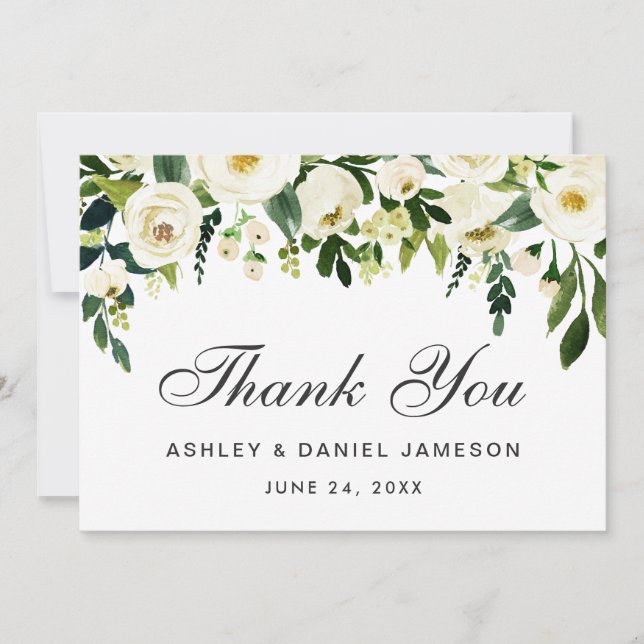 Aquarell Blumenweiße Hochzeit Danke, G Dankeskarte (Vorderseite)
