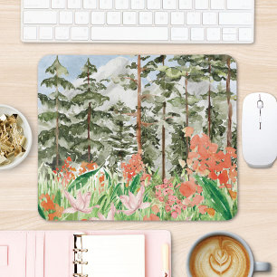 Aquarell-Blumenwiese auf Berglandschaft Mousepad