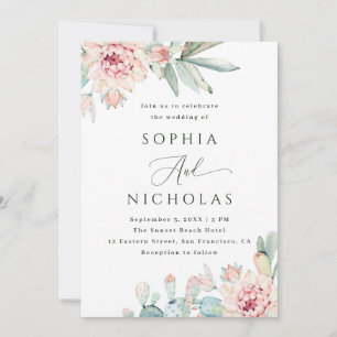 Aquarell-Blush-Blumen- & Kaktus-Hochzeit. Foto-QR Einladung
