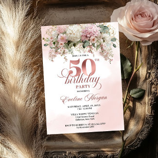 Aquarell-Blush-Sträußchen Gold-Grün 50. Geburtstag Einladung
