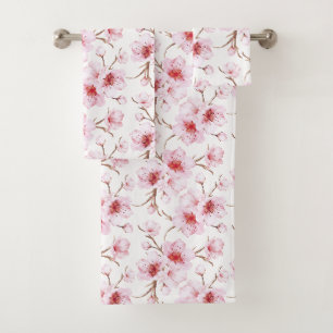 Aquarell-Blüten-Kirschblüten Rosa Weiß Badhandtuch Set