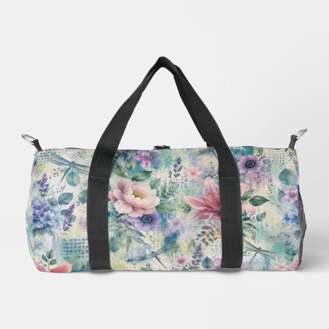Aquarell-Blüten-Libellen-Muster Duffle Bag (Vorderseite)