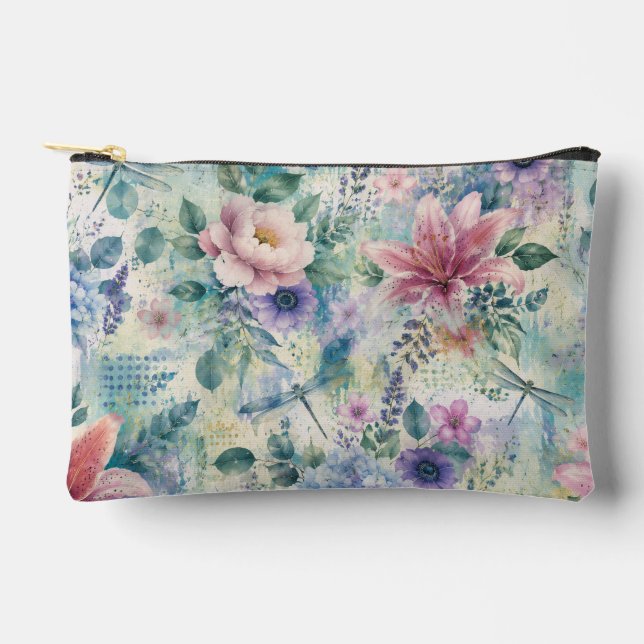 Aquarell-Blüten-Libellen-Muster Zubehörtasche (Vorderseite)