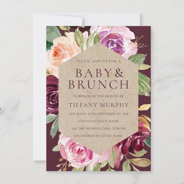 Aquarell Blütenbrunnen Rote Brunch Babydusche Einladung (Vorderseite)