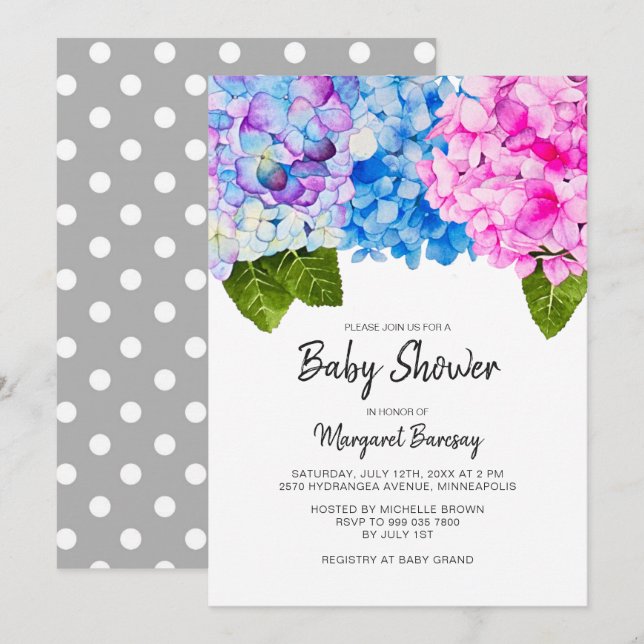 Aquarell Blütenpink Blauer Baby Dusche Einladung (Vorne/Hinten)