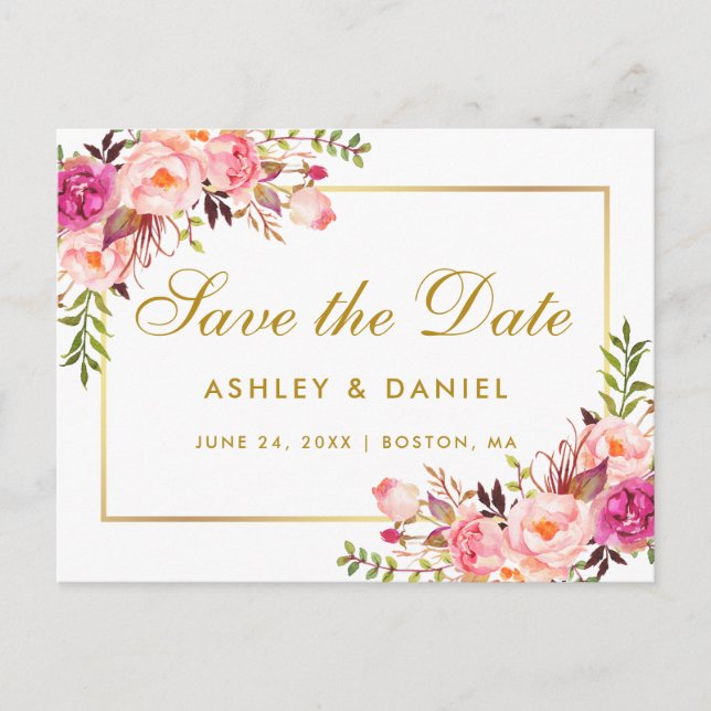 Aquarell Blütenrosa Blütengold Save the Date Ankündigungspostkarte (Vorderseite)