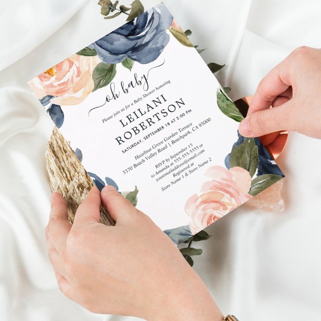 Aquarell Blütenrosa Navy Oh Babydusche Einladung (Von Creator hochgeladen)