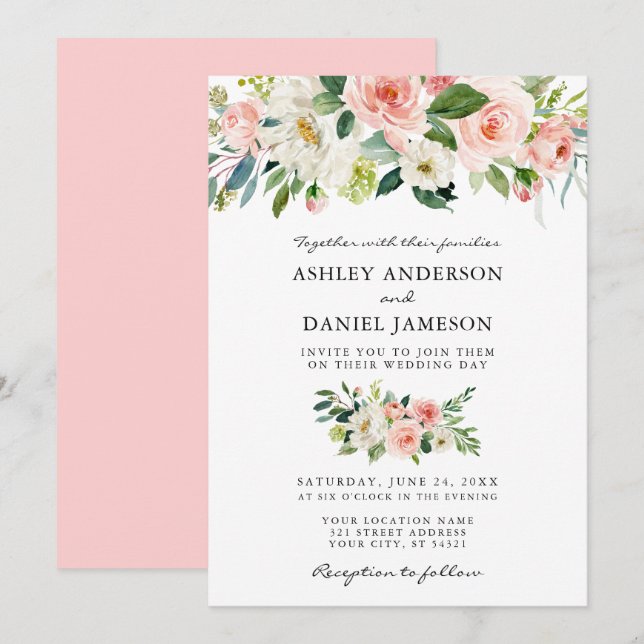Aquarell Blütenrosa Rosa Rosa Elegante Hochzeit Einladung (Vorne/Hinten)