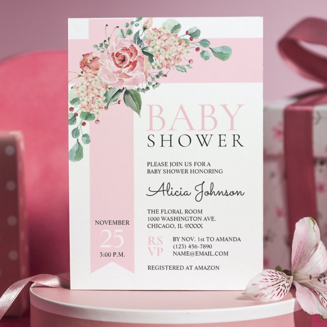 Aquarell Blütenrot Rosa Girl BABY DUSCHE Einladung (Von Creator hochgeladen)