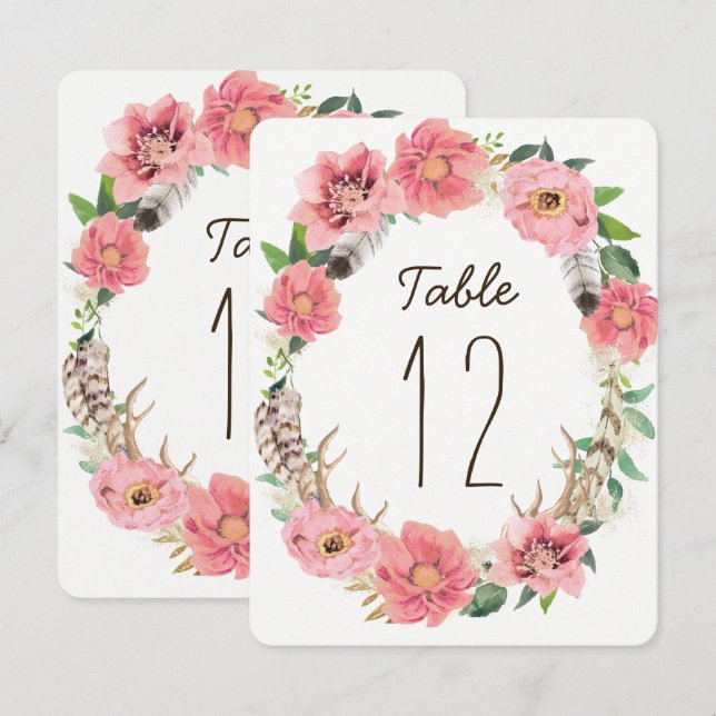 Aquarell Boho Federn Tischnummernkarten Einladung (Vorne/Hinten)