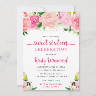 Aquarell Boho Rosa Sommerblumen Sweet Sixteen Einladung