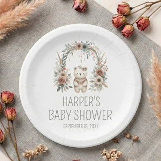 Aquarell Boho Wald Bär Baby Shower Pappteller