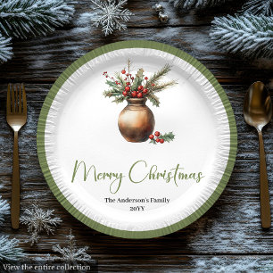 Aquarell Boho-Weihnachtsbouquet auf neutralem Tell Pappteller