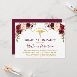 Aquarell-Bordeaux-Blumen-Medizin-Absolventenparty Einladung