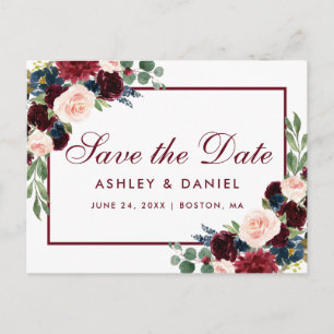 Aquarell-Bordeaux-Blumen-Save-The-Date Ankündigungspostkarte