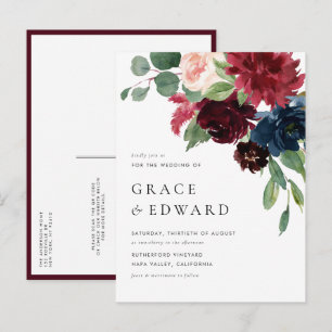 Aquarell-Bordeaux-Navy-Blumen-QR-Code-Hochzeit Einladungspostkarte