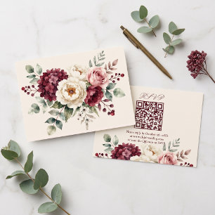 Aquarell-Bordeaux-Rosa-Blumen-Hochzeits-QR-Code RSVP Karte