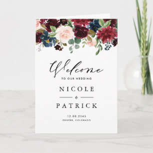 Aquarell-Bordeaux- und Blaue Blumen Hochzeitsbrosc Programm
