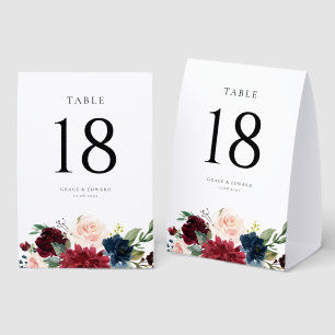 Aquarell-Bordeaux und Marine-Blumenhochzeit Tischaufsteller