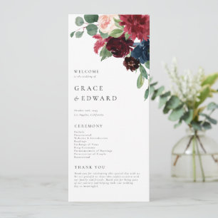 Aquarell-Bordeaux und Navy-Blau Florale Hochzeit Programm