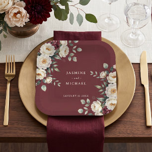 Aquarell-Bordeaux-Weiß-Floral-Winterhochzeit Pappteller