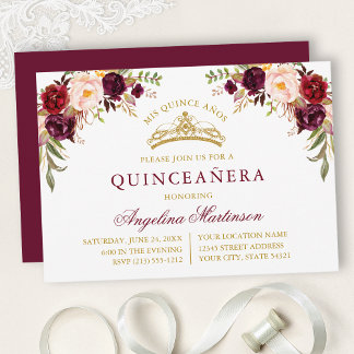 Aquarell-Bordeauxrosa-Blumen-Gold-Quinceanera Einladung