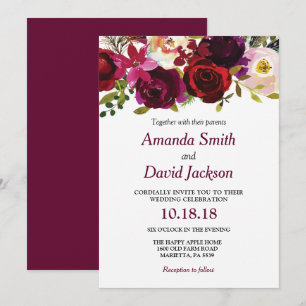 Aquarell-Bordeauxrotes-Blumen-Hochzeitseinladung Einladung