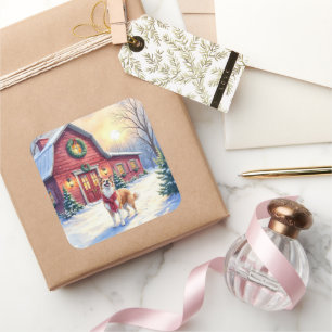Aquarell Border Collie Landhaus Weihnachten Quadratischer Aufkleber