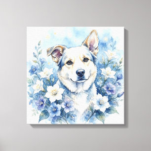 Aquarell-Botanik-Blumen-Hundeporträt Leinwanddruck